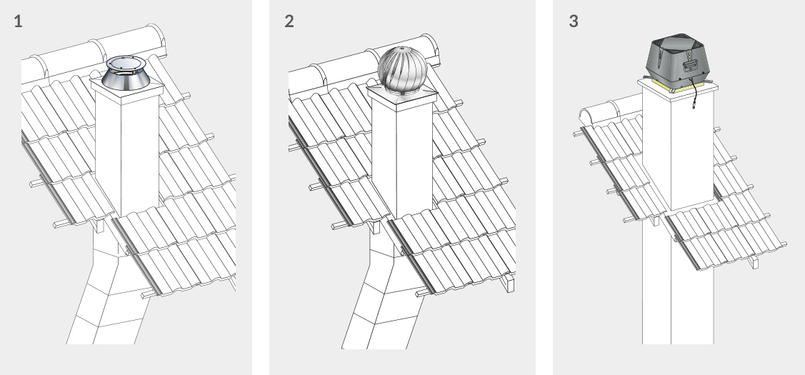 Dessin des 3 types d'extracteurs de fumées proposés par Cheminées Poujoulat