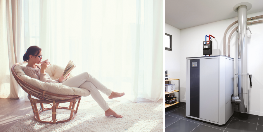 Visuel divisé en 2 colonnes. Sur l'image de gauche, femme lisant et buvant tranquillement un café dans un fauteuil. A droite, installation d'une chaudière biomasse avec un conduit d'évacuation Cheminées Poujoulat.