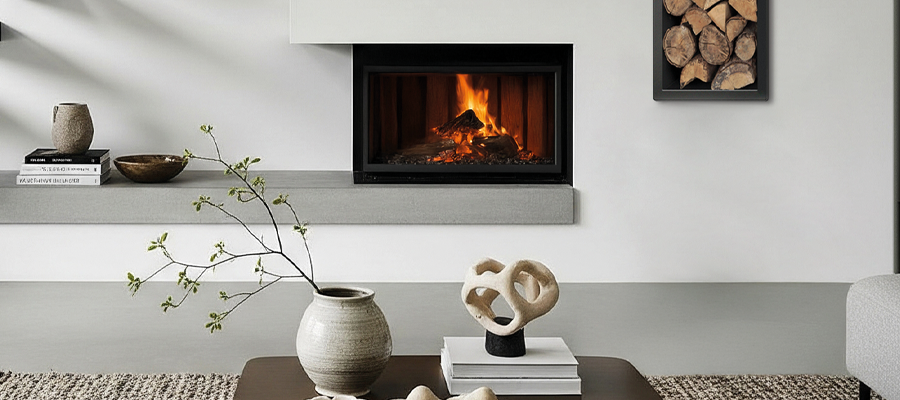 Salon contemporain avec un foyer fermé dans lequel un feu de bois est allumé 