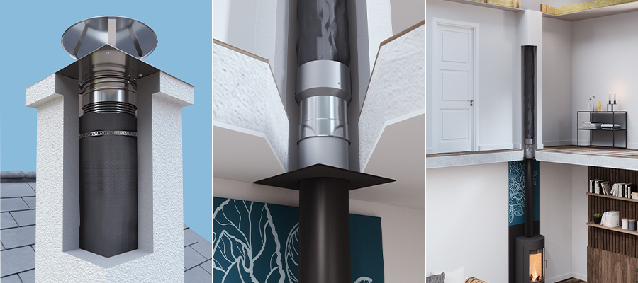 Le tubage flexible isolé SLIMFLEX-ISO vu à trois niveaux d'une installation