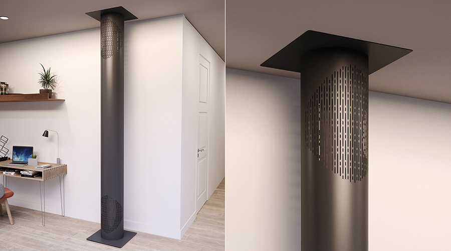 L'habillage ventilé HVTE de Cheminées Poujoulat installé au niveau d'une traversée d'étage, puis en gros plan sur la partie ventilée supérieure 