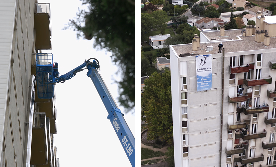 Nacelle élévatrice en action et vue aérienne de l'installation THERMINOX haute de 40 mètres finalisée