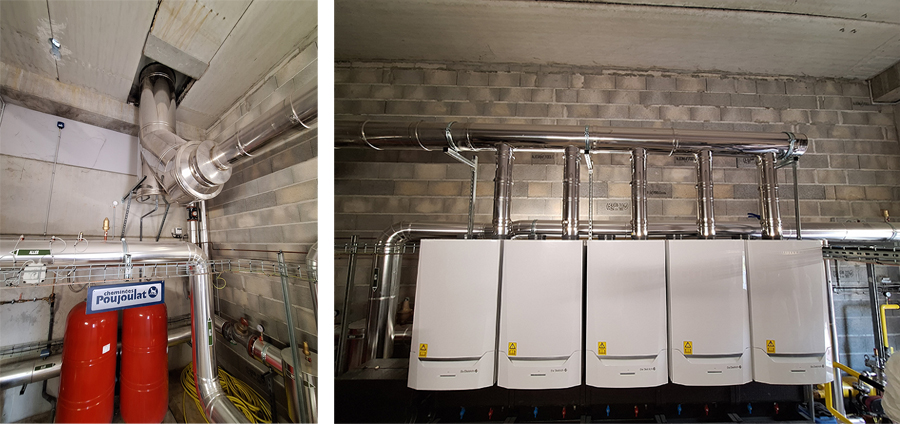 Les cinq chaudières De Dietrich de 160 kW chacune, raccordées à un carneau Cheminées Poujoulat